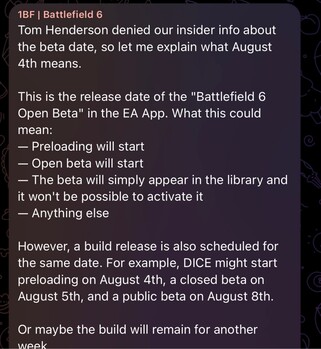 la risposta di 1BF a Tom Henderson sull'orario di inizio dell'open beta di Battlefield 6 (Fonte immagine: GamingLeaksandRumours subreddit, canale Telegram di 1BF)