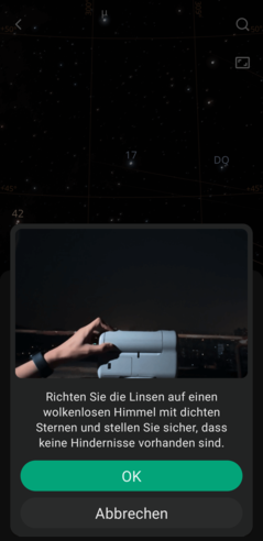 Prima che il telescopio inizi la sua calibrazione automatica, l'app fornisce chiare istruzioni passo-passo (Fonte immagine: Screenshot Marc Zander / Notebookcheck)