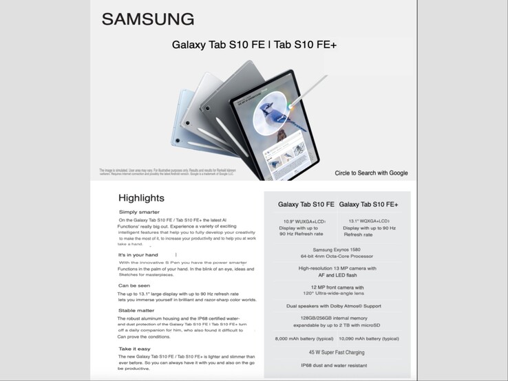L'immagine ufficiale mostra le caratteristiche e le specifiche del prossimo Galaxy Tab S10 FE e FE+. (Fonte immagine: Mystery Lupin su X)