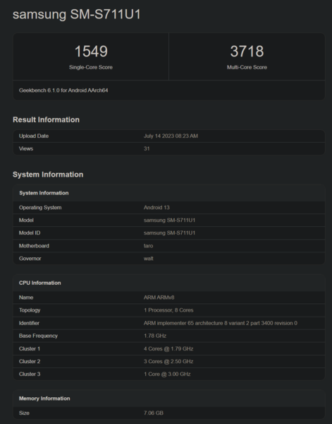 Galaxy S23 FE su Geekbench con uno Snapdragon 8 Gen 1 (immagine via Geekbench)