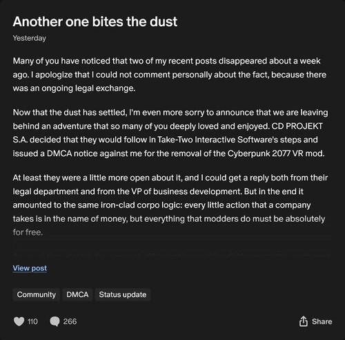 Il post di Luke Ross su Patreon sulla rimozione della mod Cyberpunk 2077 VR (Fonte immagine: screenshot, Luke Ross Patreon)