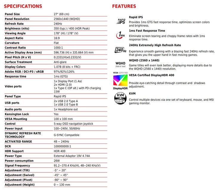 MSI Optix MAG274QRX - Specifiche. (Fonte: MSI)