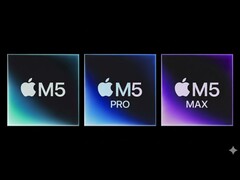 Rappresentazione artistica dei chip M5, M5 Pro e M5 Max di Apple. (Fonte immagine: Apple, modificata con Gemini)