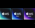 Rappresentazione artistica dei chip M5, M5 Pro e M5 Max di Apple. (Fonte immagine: Apple, modificata con Gemini)