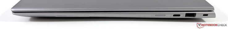 A destra: lettore microSD, USB-C 3.2 Gen.2 (10 GBit/s, DisplayPort-ALT 1.4), USB-A 3.2 Gen.1 (5 GBit/s), blocco Kensington