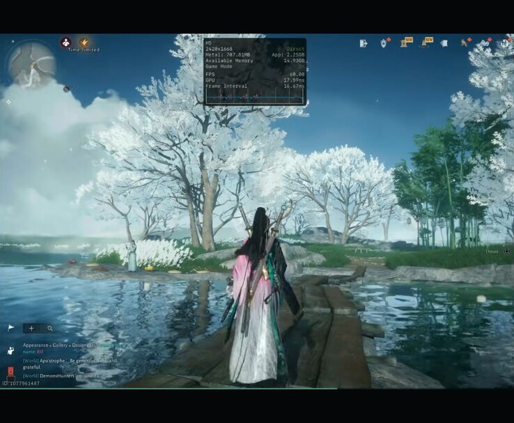 Where Winds Meet Mobile in esecuzione sull'iPad Pro M5 con sovrapposizione delle prestazioni che mostrano la risoluzione e la frequenza dei fotogrammi (Fonte: Dame Tech via YouTube)