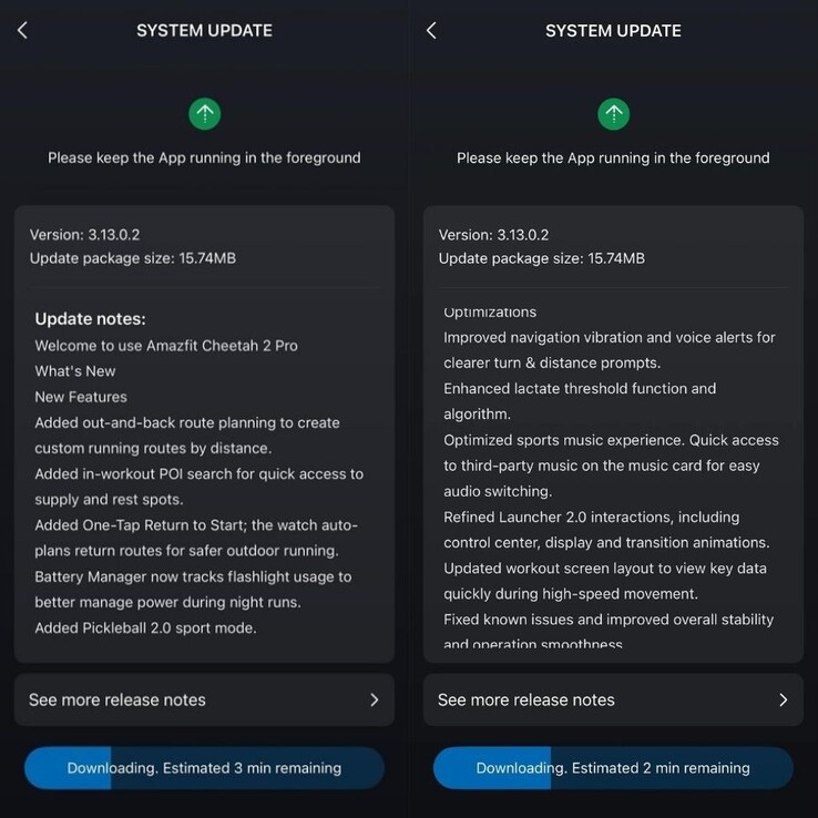 Le note di rilascio per Amazfit Cheetah 2 Pro fw 3.13.0.2