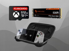 Vengono mostrati gli accessori di Asus ROG Ally (Fonte immagine: Sandisk, Seagate, Asus con modifiche)