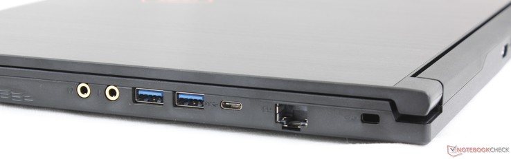 Destra: cuffie 3.5 mm, microfono 3.5 mm, 2x USB 3.1 Type-A, USB 3.1 Type-C, Gigabit RJ-45, Kensington Lock