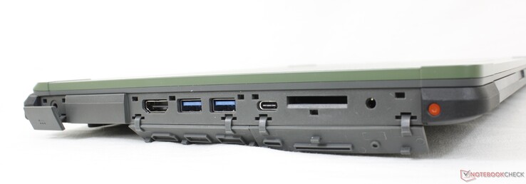A sinistra: adattatore AC, HDMI 2.0, 2x USB-A 3.0, USB-C con Thunderbolt 4 + DisplayPort + Power Delivery, lettore di schede SD, jack audio da 3,5 mm