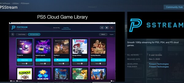 Viene mostrata la funzione Libreria di giochi PS5 di PSStream (Fonte immagine: screenshot, Steam, PSStream con modifiche)
