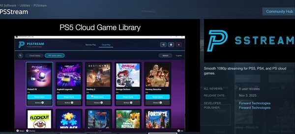 Viene mostrata la funzione Libreria di giochi PS5 di PSStream (Fonte immagine: screenshot, Steam, PSStream con modifiche)