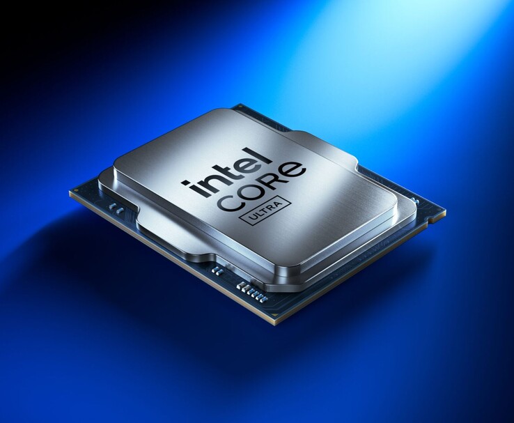 Processore Intel Core Ultra su uno sfondo blu sfumato, che mette in evidenza il suo elegante design metallico e i circuiti incorporati. (Fonte immagine: Intel)
