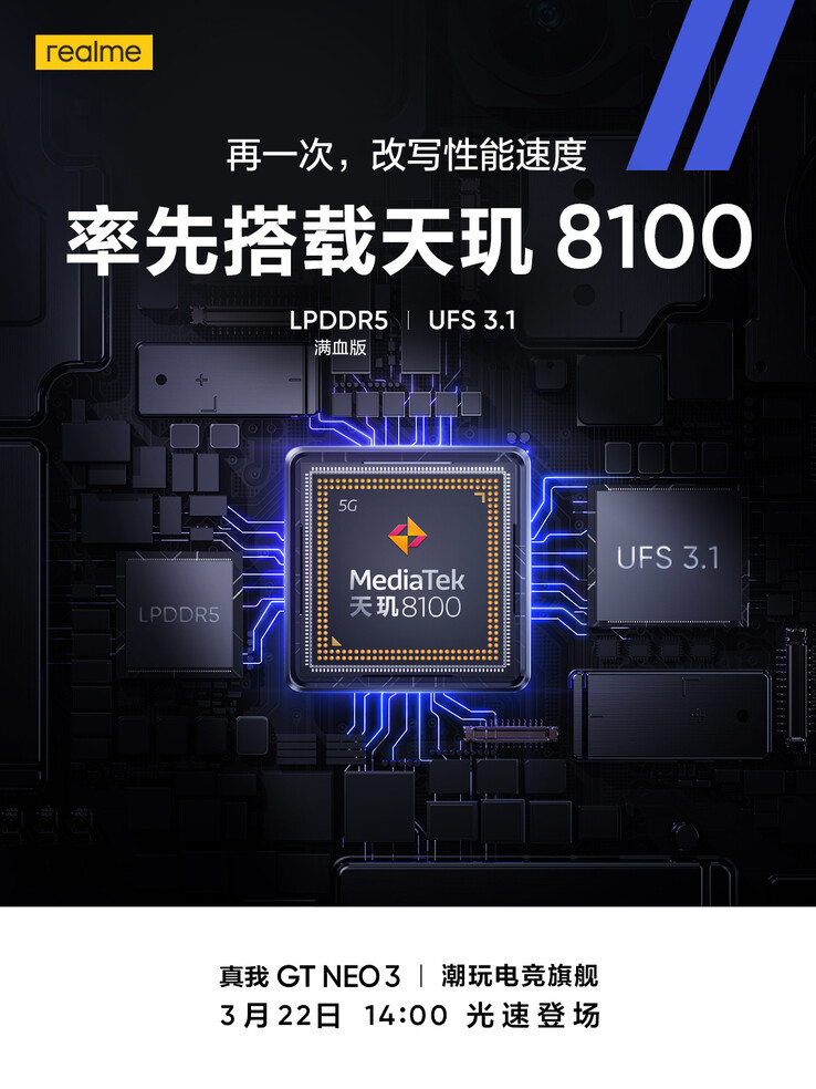 Il GT Neo3 aggiungerà anche RAM e flash storage di fascia alta alla sua lista di interni ad alte prestazioni. (Fonte: Realme via Weibo)
