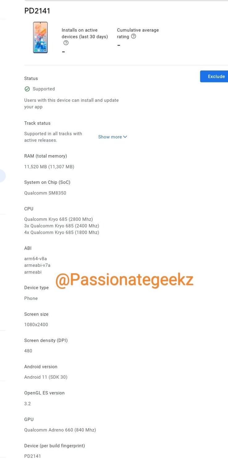 Il PD2141 ha ancora Android 11 e 12GB di RAM, almeno. (Fonte: @Passionategeekz via Twitter)