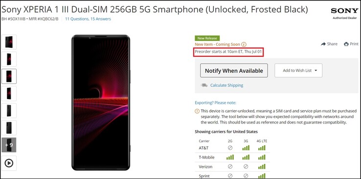Sony Xperia 1 III data di pre-ordine. (Fonte: B&amp;H Photo)