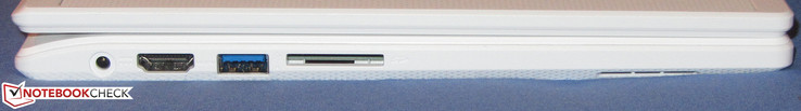 Lato sinistro: Presa di alimentazione, uscita HDMI, USB 3.1 Gen 1 (tipo A), lettore di schede SD (SDXC)