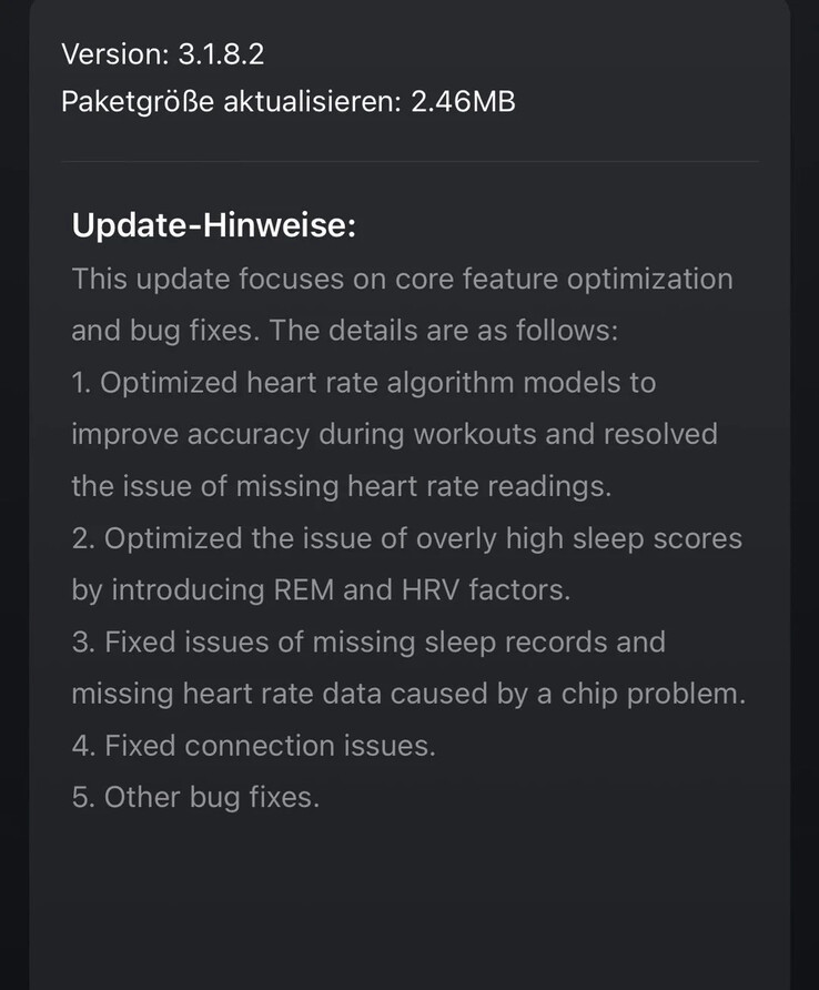 Le note di rilascio della versione 3.1.8.2 per Amazfit Helio Strap. (Fonte immagine: u/Realistic_Tell_533 via Reddit)