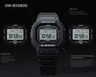 Orologio Casio G-Shock GW-BX5600 illustrato con didascalie che ne evidenziano il display LCD MIP, i due stili di carattere, l’alimentazione Tough Solar, la connettività Bluetooth e la sincronizzazione oraria radiocontrollata Multiband 6.