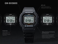 Orologio Casio G-Shock GW-BX5600 illustrato con didascalie che ne evidenziano il display LCD MIP, i due stili di carattere, l’alimentazione Tough Solar, la connettività Bluetooth e la sincronizzazione oraria radiocontrollata Multiband 6.
