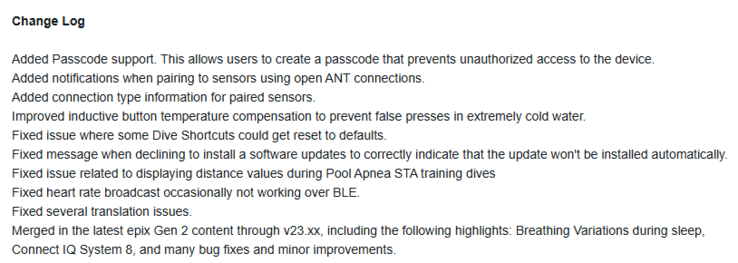 Le note di rilascio della versione software 23.09 per il Garmin Descent G2. (Fonte: Garmin)