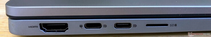 A sinistra: HDMI 2.0, 2x USB-C 3.2 Gen 1 (5 Gbps, DisplayPort 1.4, alimentazione), microSD