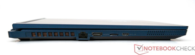 Lato sinistro: LAN (RJ45), HDMI 2.1 (4K/120 Hz, 8K/60 Hz), lettore di schede microSD, USB 3.2 Gen 2 Typ-C