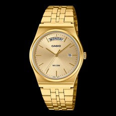 Orologio Casio MTP-B146G-3AV con cassa e bracciale in acciaio inossidabile placcati in oro, quadrante color oro, indicatore del giorno a ore 12 e finestrella della data a ore 3.