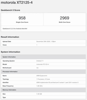 Il "Moto Nio" appaer su Geekbench... (Fonte: Geekbench 5 via MySmartPrice)