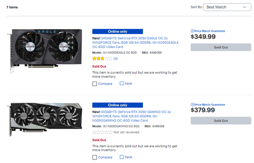 Le due schede Gigabyte RTX 3050 su Best Buy sono già esaurite. (Fonte: Bestbuy)