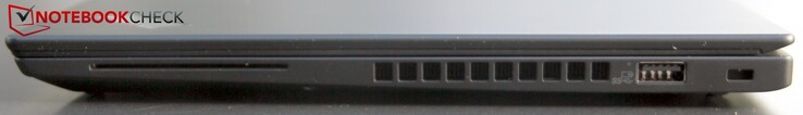 A destra: lettore Smartcard, ventola, USB 3.1 Gen2 Type-A (always-on), slot Kensington lock