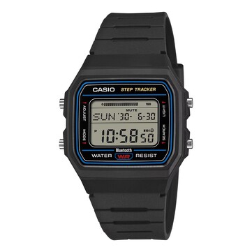 Casio F-B100W-1A con cassa nera, cinturino in resina e anello decorativo blu attorno al quadrante.