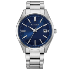 Orologio Citizen CB0300-53L Eco-Drive radiocontrollato con quadrante blu con finitura a raggi di sole, bracciale in acciaio inossidabile, indici a bastone e datario.