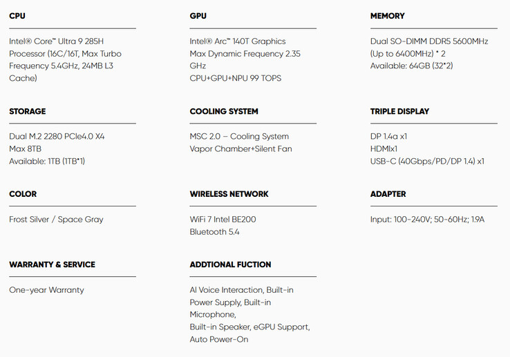 Specifiche complete del mini PC (Fonte: Beelink)