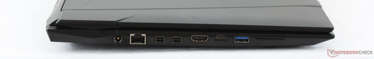Left: AC adapter, Gigabit RJ-45, mDP 1.3, mDP 1.2, HDMI 1.4, USB 3.1 Type-C Gen. 1, USB 3.0, SD reader