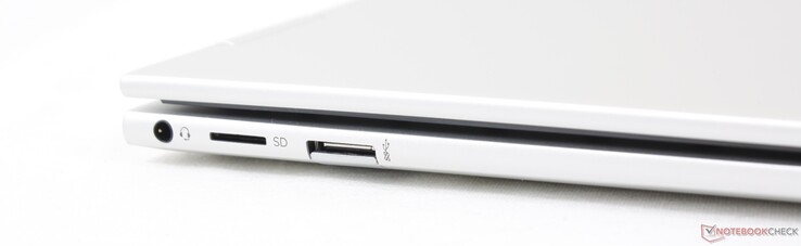A sinistra: cuffie da 3,5 mm, lettore MicroSD, USB-A 10 Gbps