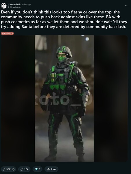 Viene mostrata la skin verde neon trapelata di Battlefield 6 (Fonte immagine: SpiritualBacon@Battlefield subreddit)