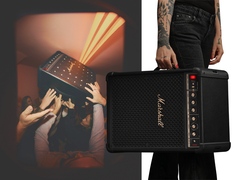 Due immagini del Marshall Bromley 450 - una stilizzata e una tenuta in mano.