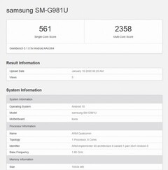 Samsung Galaxy S20  (Image source: Geekbench)