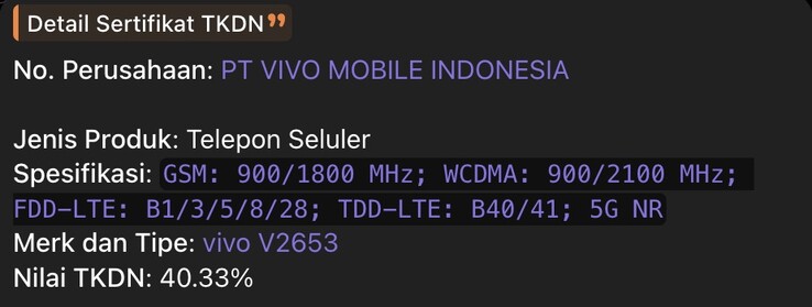 Inserimento nell'elenco TKDN per il Vivo X500 FE.