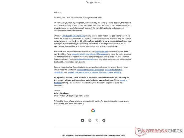 E-mail relativa a Google Home inviata dal Direttore dei prodotti.