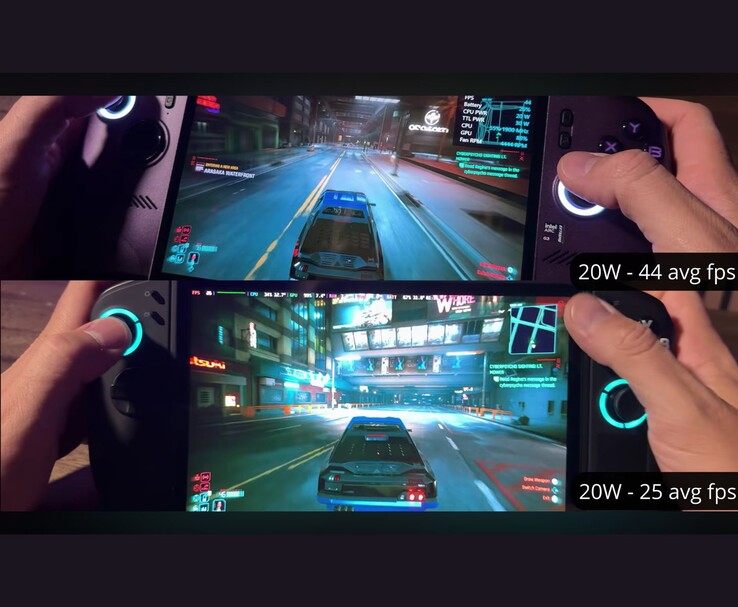 MSI Claw 8 AI+ e Lenovo Legion Go 2 eseguono Cyberpunk 2077 a 20 W, registrando rispettivamente 44 FPS e 25 FPS.