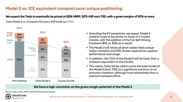 Prezzo e costi previsti della Tesla Model 2 (immagine: New Street Research)