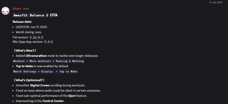 Le note di rilascio dell'aggiornamento Amazfit Balance 2 versione 3.16.0.3. (Fonte immagine: Amazfit via Weibo)