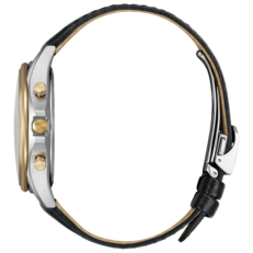 Vista laterale dell’orologio Citizen Exceed Mid-Autumn Moon BY1025-17E che mostra la corona e i pulsanti, insieme al cinturino in pelle di coccodrillo.