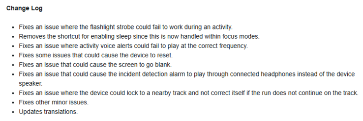 Le note di rilascio della versione beta 15.12 per gli smartwatch Forerunner 570 e Forerunner 970. (Fonte: Garmin)
