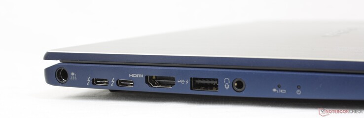 A sinistra: porta adattatore AC, 2x USB-C con Thunderbolt 4 + DisplayPort + Power Delivery, HDMI 2.0, USB-A 3.2, cuffie da 3,5 mm