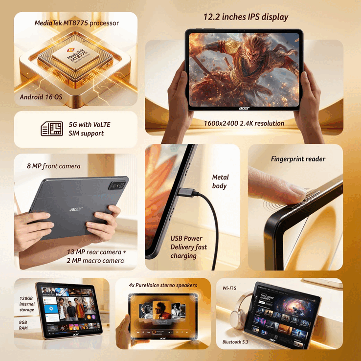 Specifiche principali, display, fotocamere, connettività e caratteristiche hardware di Acer Iconia Tab 12 5G