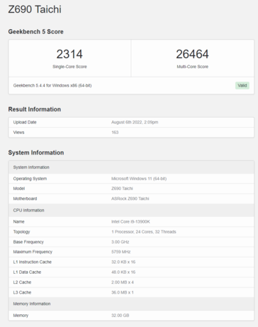 Intel Core i9-13900K su Geekbench 5. (Fonte: Geekbench)