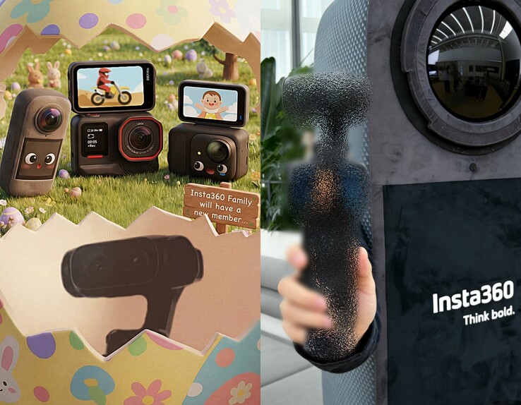 Insta360 con doppia fotocamera (sinistra), immagine teaser Insta360 a grandezza naturale (destra).
